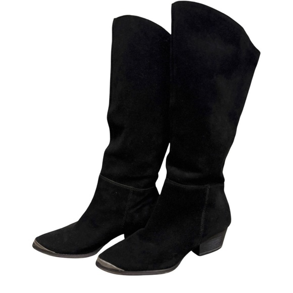 Vintage Y2K 90’s Slouchy Black Western Boho Slouchy Suede Silver Toe Tap Boots - Picture 16 of 16